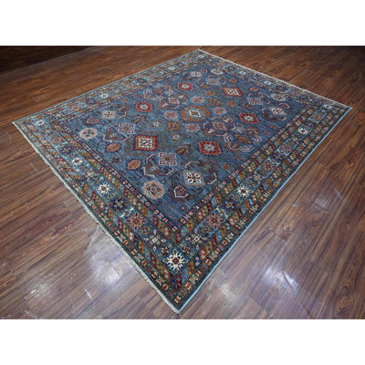 8'x9'6" Slate Gray Hand Knotted Geometric Super Kazak Wool Oriental Rug C157D04FBBF44E0194920801C1CF927E