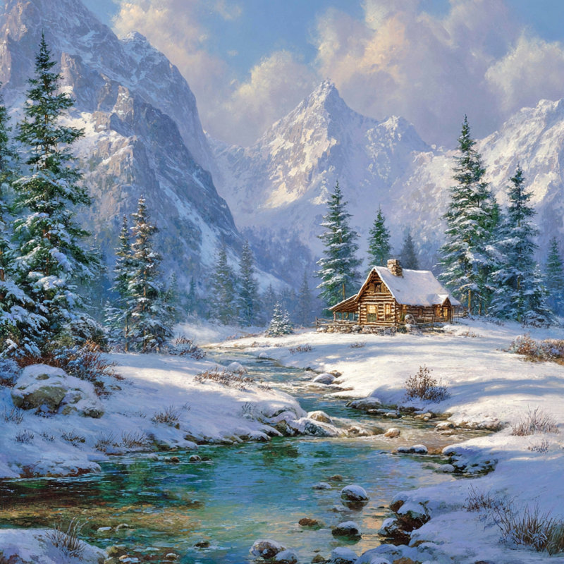Art mural sur toile Mountain Stream to Cozy Cabin, H 12 po x l 12 po