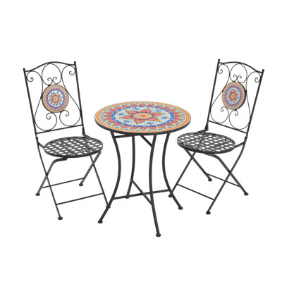  Ensemble bistro 3 pièces, chaises pliantes en métal et table en carreaux de céramique, ensemble de patio extérieur, cadre noir