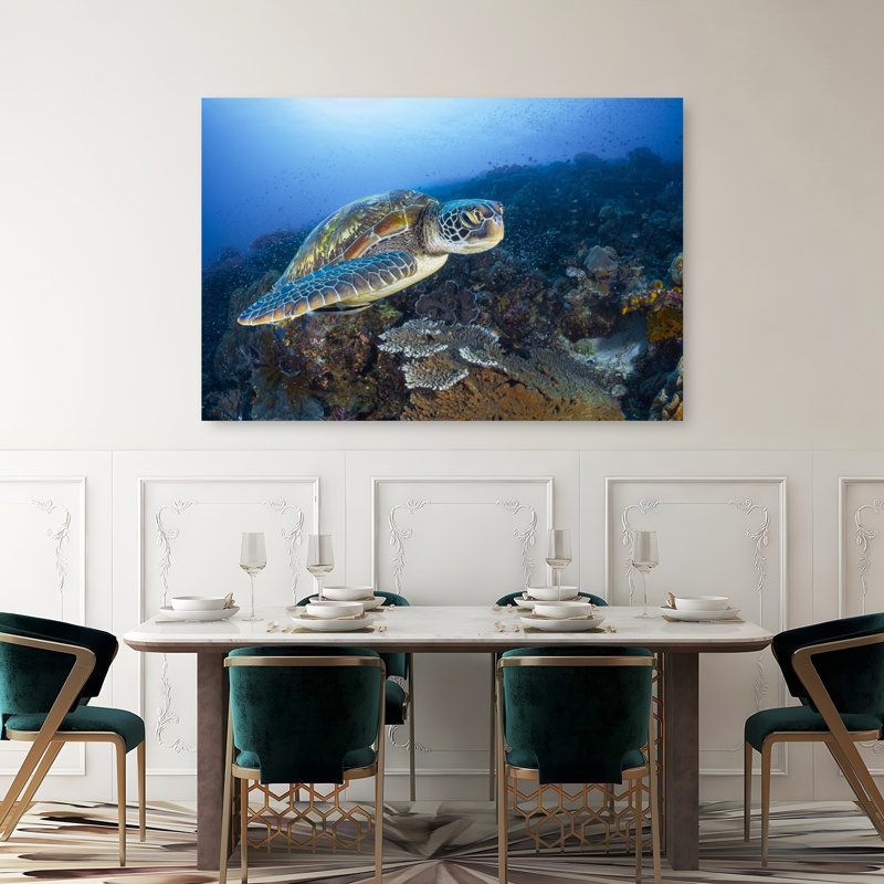 Green Sea Turtle Reef Vibrant Turtle Nature Ocean Wall Art Print 1 Piece Wrapped Canvas Wall Art, 101.6cm H x 152.4cm W