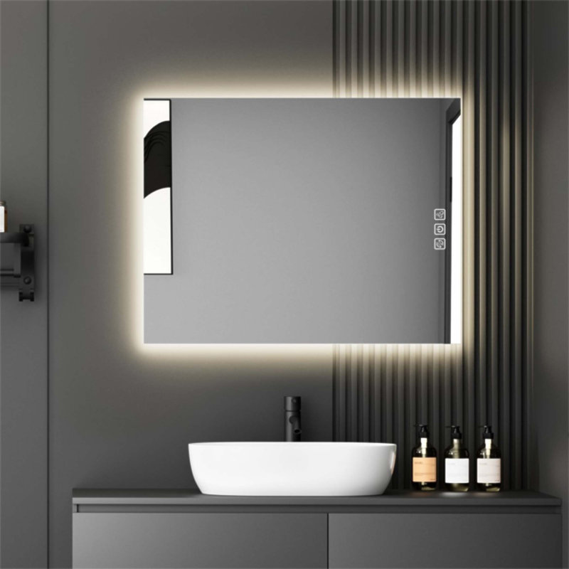 Miroir de salle de bain 36 po x 28 po à DEL avec rétroéclairage, désembuage de 5 minutes, réflexion Full HD, intensité variable en continu 3 couleurs, CRI90 +, fonction mémoire, antibuée