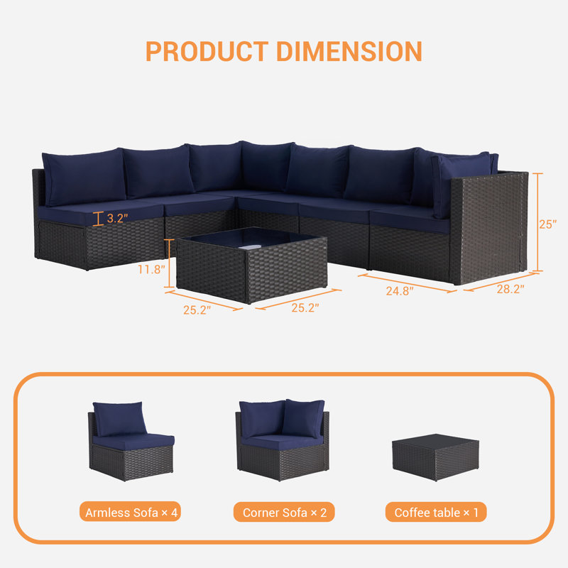 Ensemble de conversation pour 6 personnes, Brun, Bleu marine