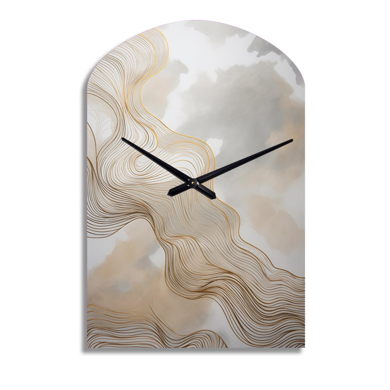 Gold And Grey Linear Expressions V - Line Art Asymmetrical Metal Wall Clock, Gold Arch Wall Clock Print, Medium
