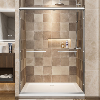Porte de douche coulissante double de 54 po de largeur à 72 po de hauteur avec cadre en aluminium, verre trempé de 1/4 po, film fracassant, deux poignées en acier inoxydable, installation facile, imperméable, installation réversible, réglable