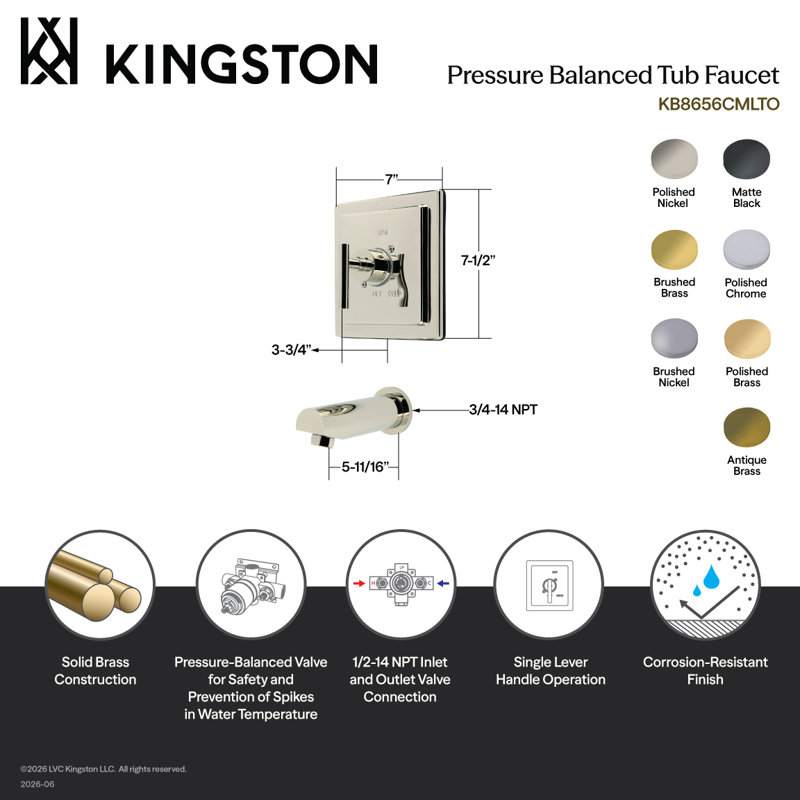 Robinet de baignoire à pression équilibrée à poignée simple Kingston Brass Kingston, Chrome poli
