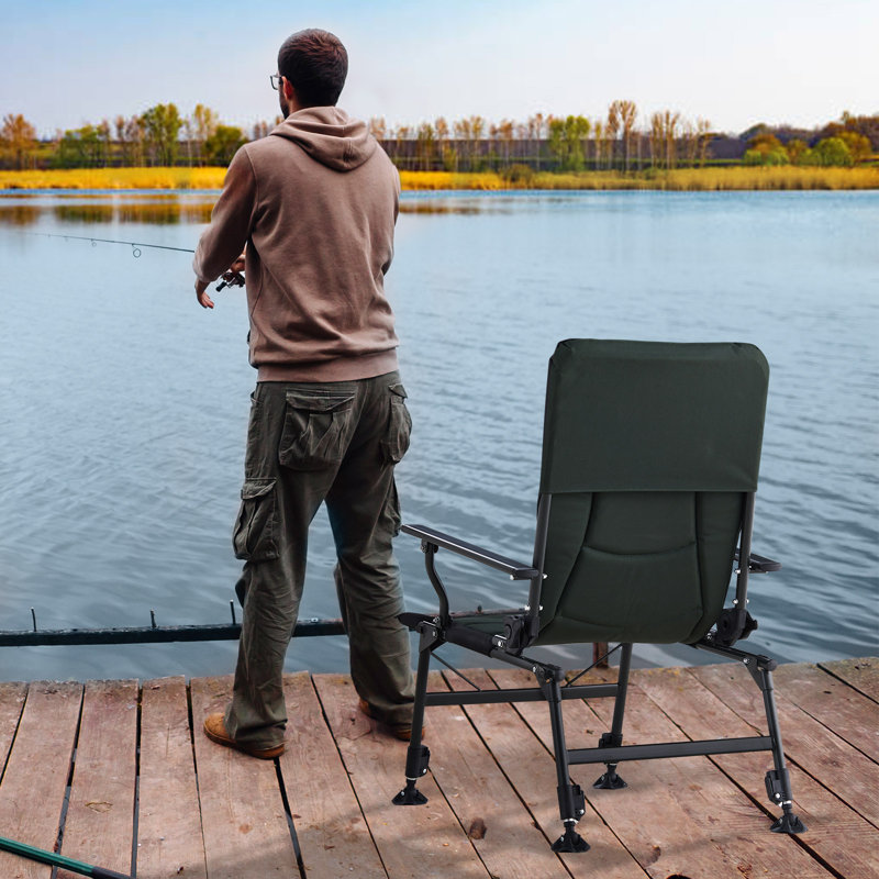 Folding Fishing Chair Up to 150KG, Portable Camping Chairs for Adults with Arms, Removable Cushion, Adjustable Backrest and Fixed Headrest for Beach Fishing Outdoor Picnic
