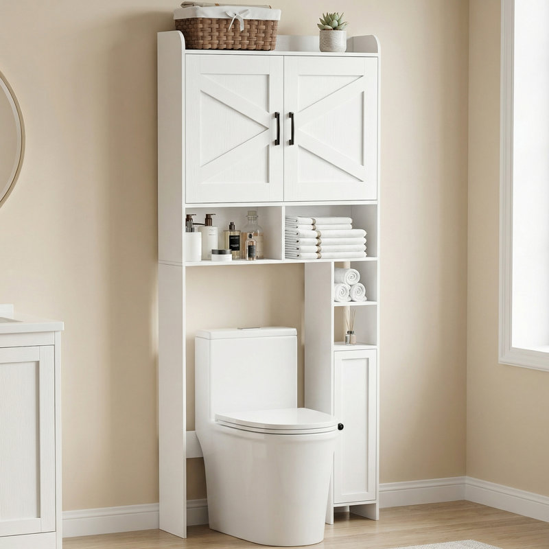 Armoire de rangement au-dessus de la toilette avec 2 portes de grange, support pour papier hygiénique, tablette de salle de bain autoportante, blanc, pour salle de bain