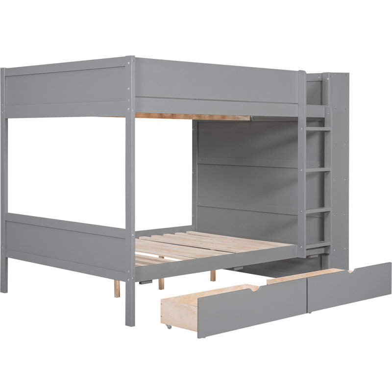 Lit superposé gris avec rangement intelligent - 2 tiroirs et armoire multicouche pour une chambre d'amis pleine grandeur