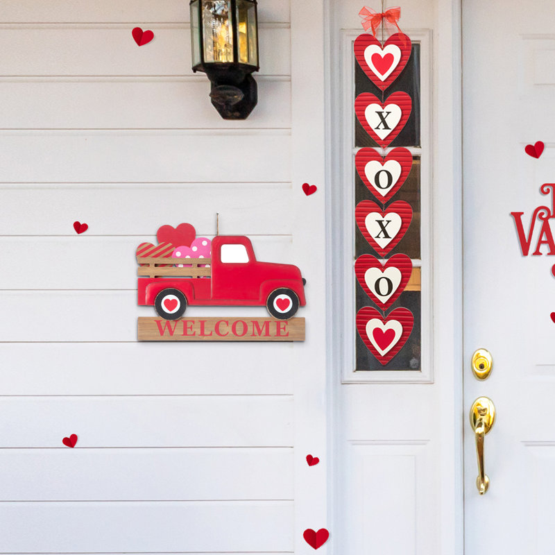 Red Metal and Wooden Valentine's Truck Yard Stake with Hearts