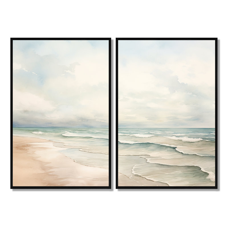 «Soft Color Beach Horizon IV», art mural beige, H 36 po x l 48 po, Impression encadrée flottante, Noir