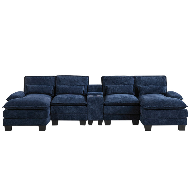 Canapé d'angle en forme de U de 125,6 pouces de large avec console, porte-gobelets et ports USB, Marine, Ordinaire