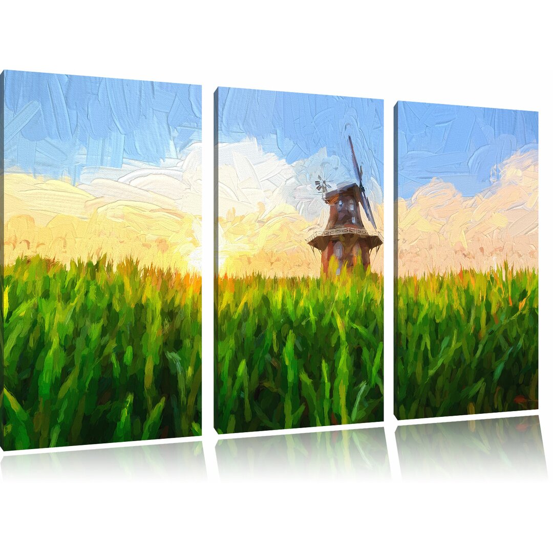 3-tlg. Leinwandbilder-Set â€žSchÃ¶ne WindmÃ¼hle auf dem Feldâ€œ, Grafikdruck