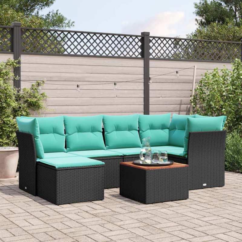 7 Piece Patio Sofa Set With Cushions Poly Rattan, Light Blue, Black