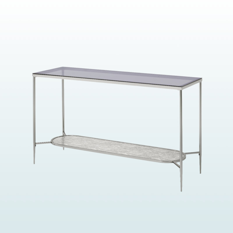 Modern Liora Sofa Table – Tempered Glass Top with Chrome Base & Textured Oval Shelf for Stylish Interiors of Home