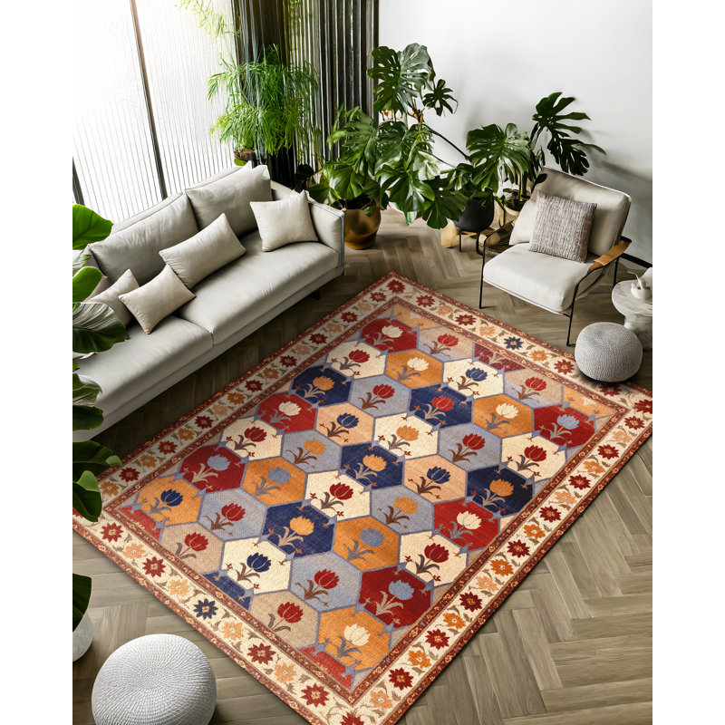 Gromling Collection Digital Print Cotton-Polyester Multicolor Floral Rug, Rectangle 6'7" x 10'6"