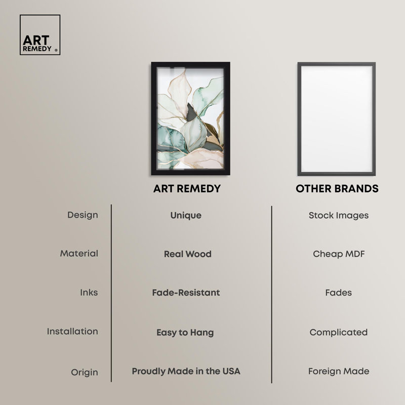 «Pastel Leaves with Gold III Shadowbox Print», art floral élégant par Art Remedy, H 31 po x l 21 po, Noir