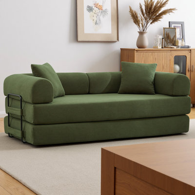 78.5" Corduroy Folding Sleeper Sofa Bed 2-in-1 Convertible 3-Seater Couch with 2 Pillows & Foam Spring Floor Mattress for Living Room, No Assembly Required