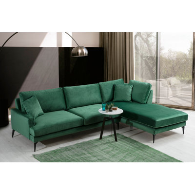 Élégant canapé d'angle avec structure en bois de hêtre, 111,4 po x 70,9 po x 34,6 po | Tissu 100% polyester, gris doux et coussins en mousse de silicone | Portable et nettoyable à sec | Pieds en métal noir mat | Design moderne et industriel vert