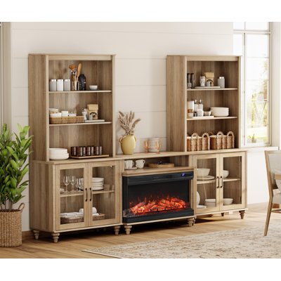 Sideboard Cabinet With Bar Hutch, Vintage Wood Grain Design, Buffet Cabinet With 36" Electric Fireplace And Glass Doors, Oak, 105 Inch