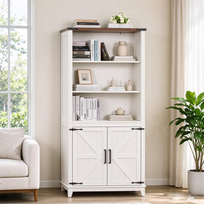 Wooden Freestanding Display Bookshelf with 2-Door Storage Cabinet, Anti-Tip Design for Bedroom & Living Room, Classic Farmhouse Style