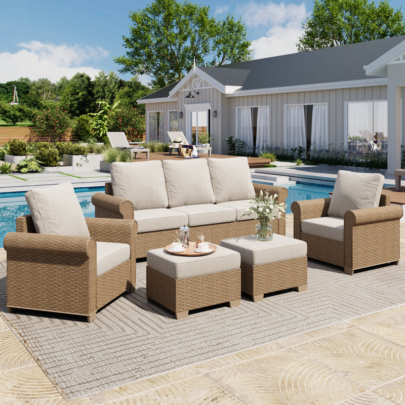 All-Weather Wicker 5 - Person Patio Conversation Sets with Ottoman, Beige