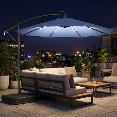 10 ft Cantilever Patio Umbrella with Solar LED Light, Sandbag Weight, Offset Hanging Outdoor Market Umbrella with Protective Cover, Crank and Tilt, Dark Blue