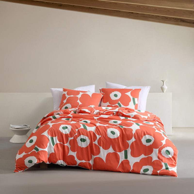 Unikko Orange/Green/White Organic Cotton Duvet Cover Set, King Duvet Cover + 2 King Shams, Orange/Green/White
