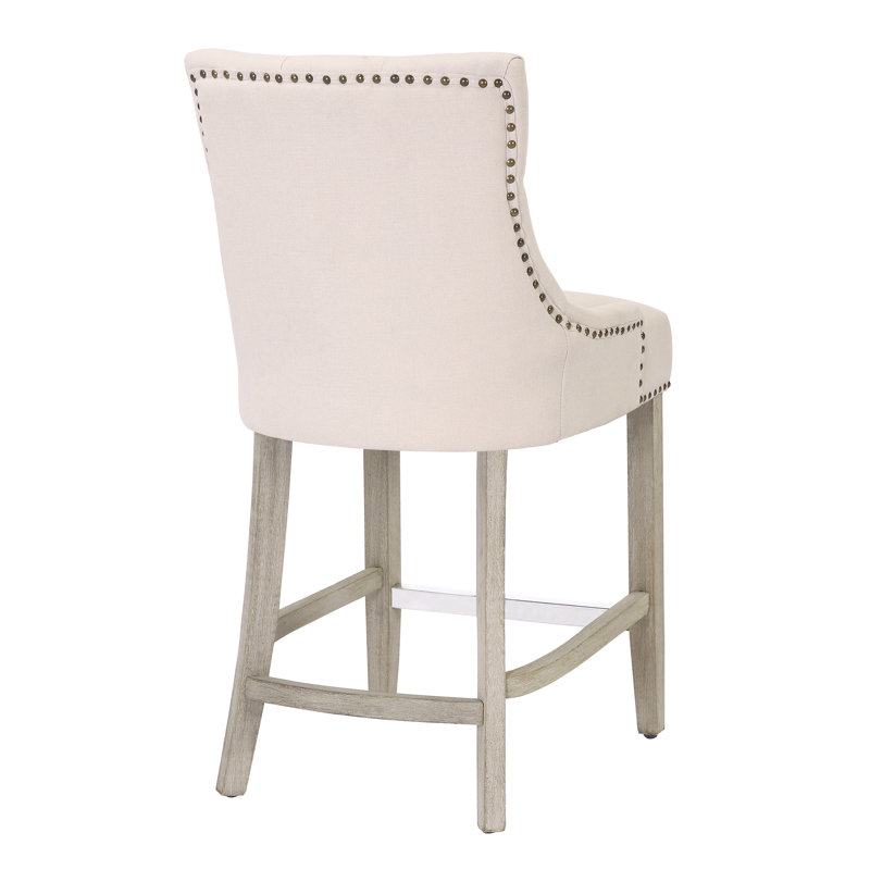 Linen Fabric Tufted Upholstered Counter Stool, Beige Linen/Antique Gray Frame, Bar Stool (29” Seat Height)