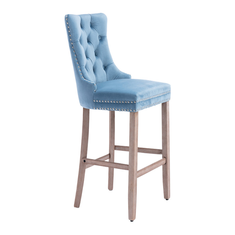Sky Blue Velvet Upholstered Counter Stools with Wood Legs, Set of 4