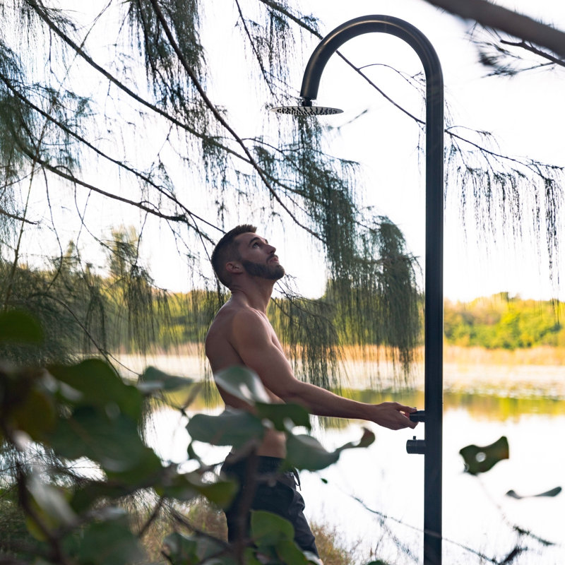Pulsar 04 Freestanding Outdoor Shower with Foot Wash and Rain Shower Head, Brushed Stainless