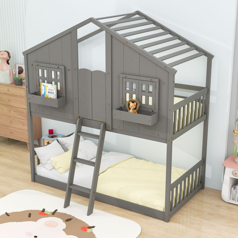 Lit superposé simple au dessus d'un lit simple avec toit et fenêtres, Gris