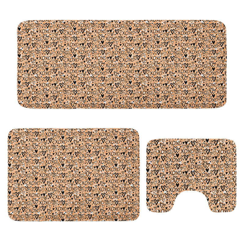  Xoxo Bathroom Rug Set 3 Pieces U-Shape & Rectangle Mats Peach Black and White