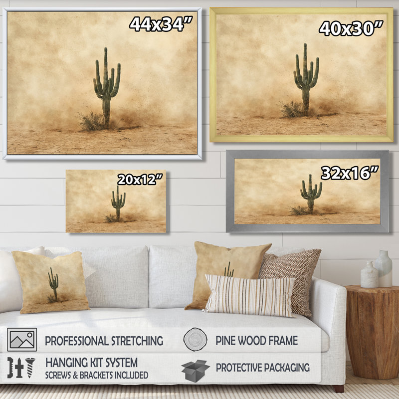 Cactus tempête de sable III - cactus, décoration murale, Cadre flottant, H 24 po x l 32 po, Doré