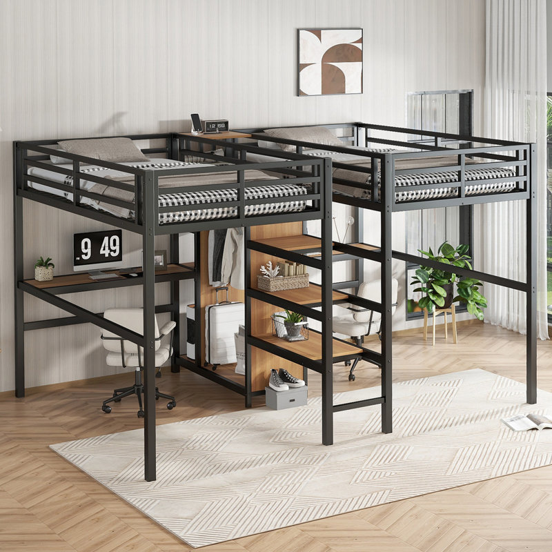 Twin & Twin Metal Loft Bed with Double Desk, Wardrobe, Shelves and Built-In Electrical Outlet, Wood