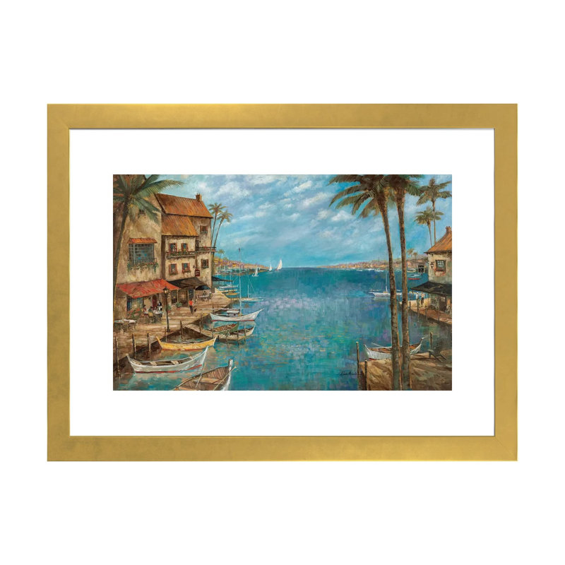 "Méditerranée splendeur" par Ruane Manning - reproduction d'art, Blanc, H 24 po x l 32 po x P 1 po, Papier encadré doré