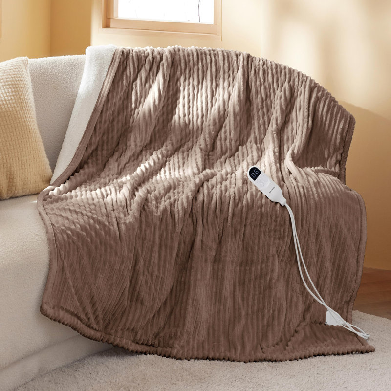 Couverture électrique chauffante en flanelle nervurée avec 6 niveaux de chaleur, chauffage avec 10 réglages de temps, arrêt automatique de la minuterie de 8 heures, GentleSoft ™
