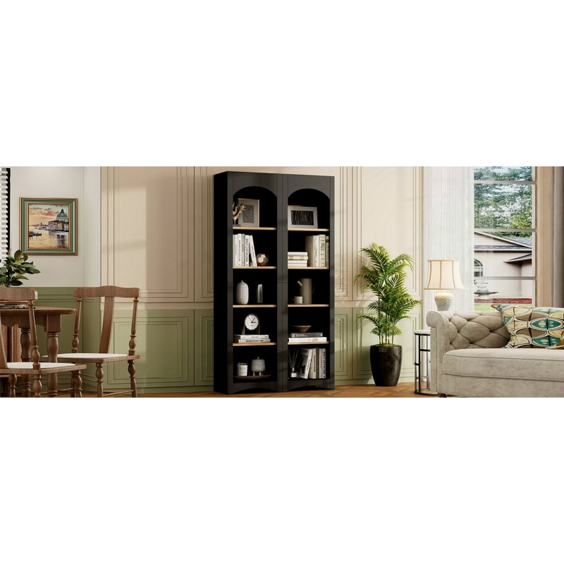 Free Standing 5 Tier Bookshelves, Bookcases Set Of 2, Farmhouse Two-Tone Storage Cabinet With Adjustable Shelves, Modern 72"H Kitchen Pantry Cabinet For Living Room, Home Office