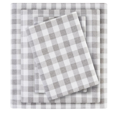 100% Cotton Flannel 4 Pcs Full Printed Sheet Gray Herringbone Check, Cozy Soft Handfeel, Includes Flat Sheet, Fitted And Pillowcases, Machine Washable Flannel, Cozy, Contains