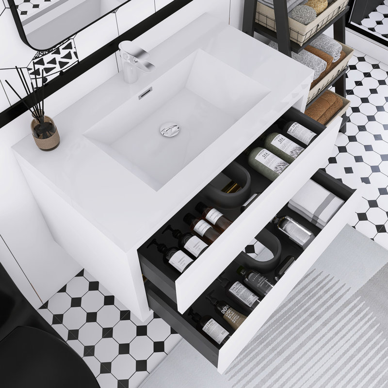 Meuble-lavabo mural blanc brillant avec comptoir en résine de pierre et tiroirs à fermeture en douceur, Blanc, 36"