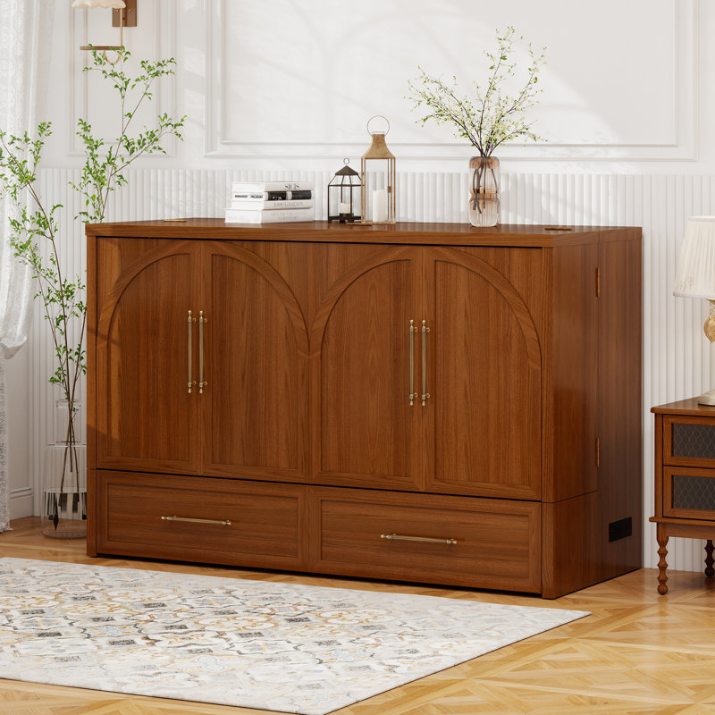 Queen Murphy Bed Cabinet with Charging Station & Drawers, Solid Wood, Elegant Farmhouse Style, Easy Assembly, Walnut Finish (Mattress Included)
