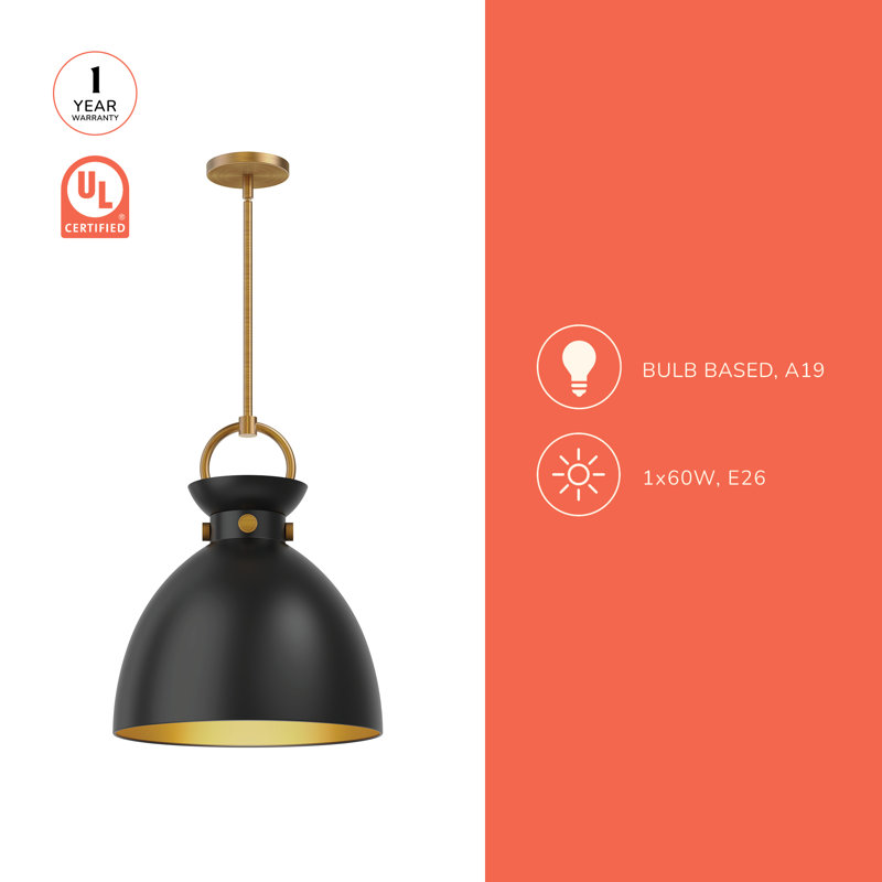 Luminaire suspendu en forme de dôme à 1 lumière Tinka, Doré vieilli, Doré vieilli, H 17,13 po x l 14 po x P 14 po