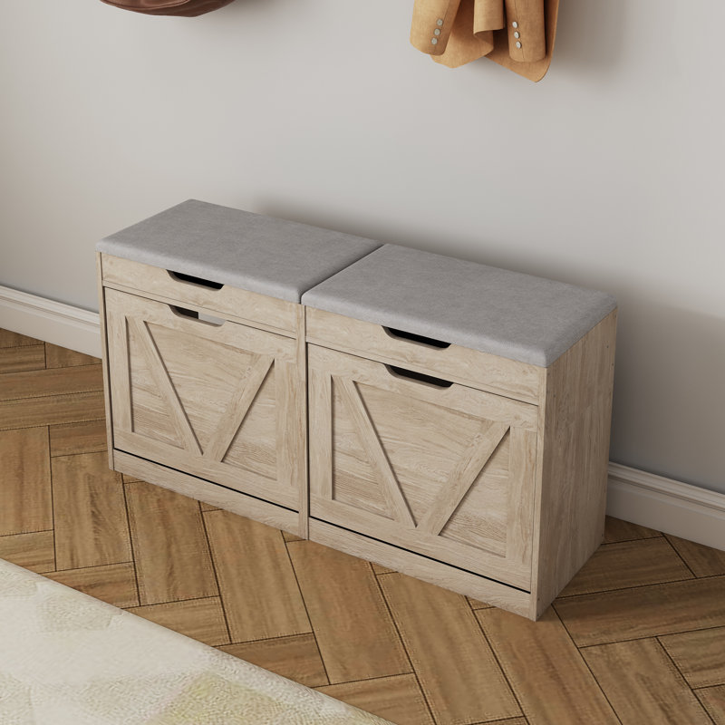 2-Tier Adjustable Shoe Cabinet,Upholstered Shoe Storage Bench With Cabinet, Natural wood color