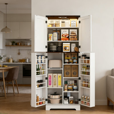 Garde-manger blanc à deux portes avec tablettes réglables et poignées noires, pour le rangement de la salle à manger, de la cuisine ou de la salle de bain
