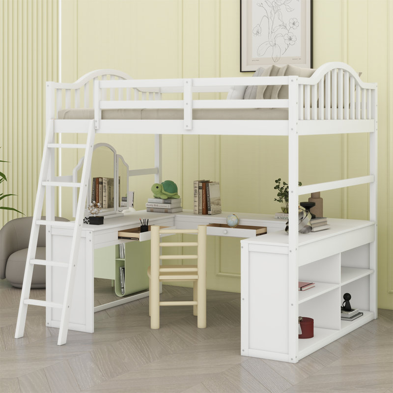 Lit mezzanine en bois avec bureau en U, compartiments de rangement et miroir à trois volets, Blanc