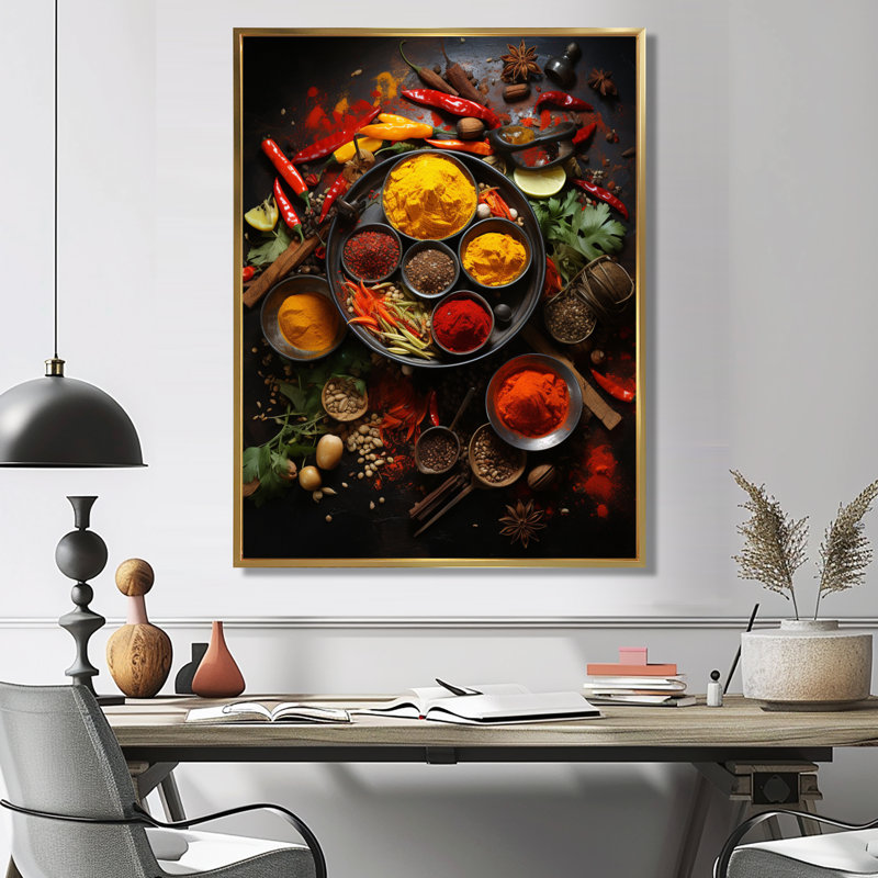 Indian Art Spices Of India 3 - Art mural indien, Cadre flottant doré, H 32 po x l 16 po