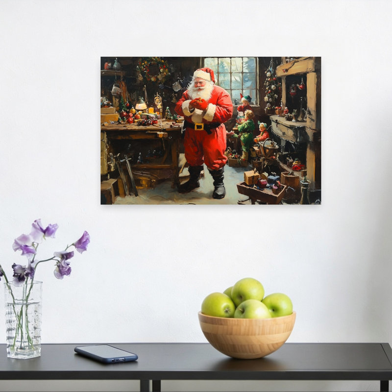 Père Noël, atelier d'artisanat rustique traditionnel, arbre de Noël rétro, impression d'art mural, 12" H x 18" W