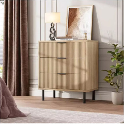 Commode 3 tiroirs cannelée, commode large moderne avec pieds en métal, armoire de rangement en bois pour chambre à coucher, salon, entrée, couleur bois
