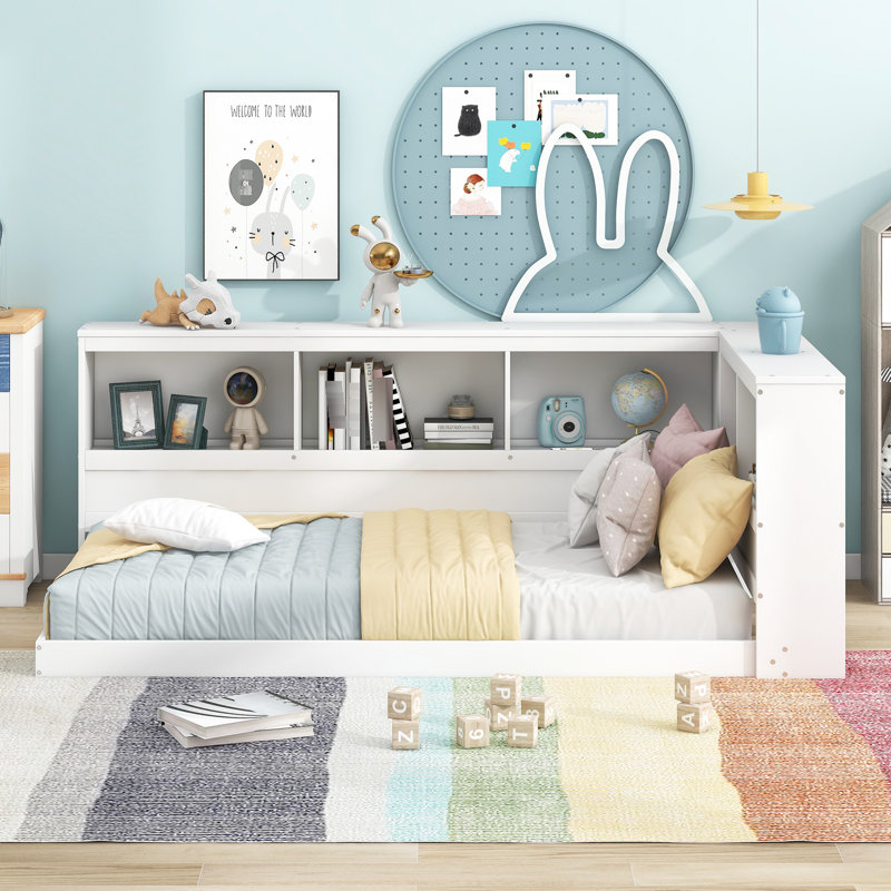 Lit de jour simple en bois blanc avec rangement de rechange et prises pour compartiments, finition, Blanc