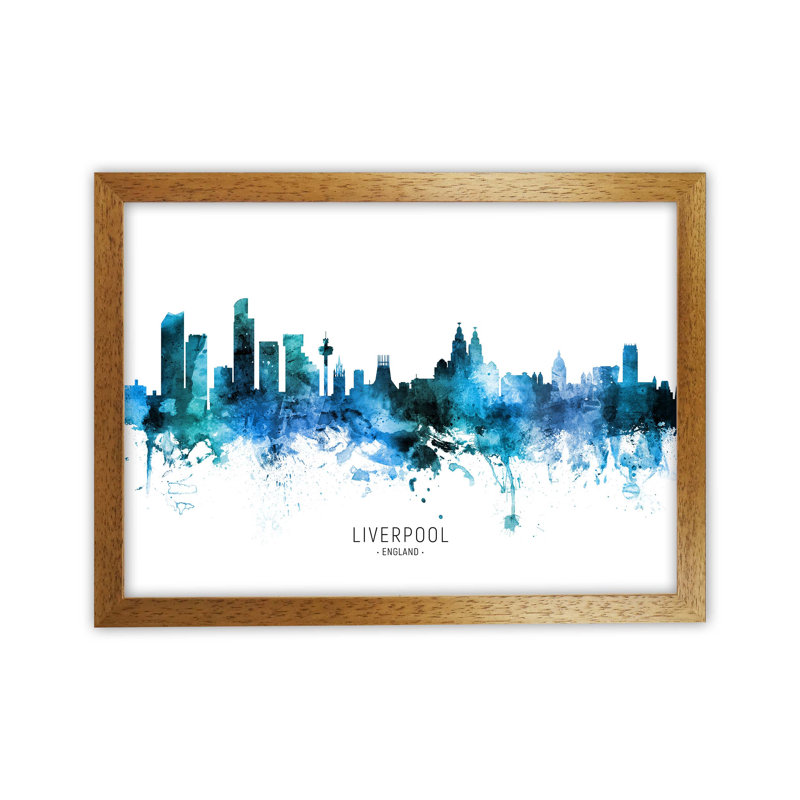 Liverpool England Skyline Blue City Name by Michael Tompsett - Print, Oak Framed, 34cm H x 46cm W x 3cm D