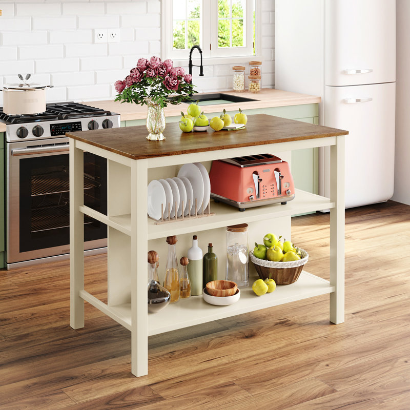 Îlot de cuisine en bois massif pour petits appartements - Blanc crème, chariot en bois d'hévéa avec plateau spacieux en noyer et blanc crème